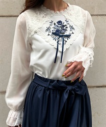 Rose embroidery Pullover with ribbon(Saxe blue-F)