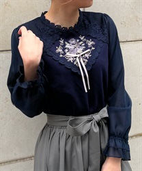 Rose embroidery Pullover with ribbon(Navy-F)