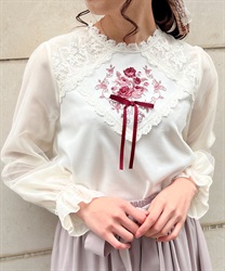Rose embroidery Pullover with ribbon(Pink-F)