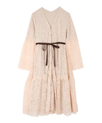 【Time Sale】Lace gown one-piece in flower pattern(Beige-Free)