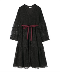【Time Sale】Lace gown one-piece in flower pattern(Black-Free)