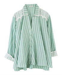 【Time Sale】Stripe pattern shirt(Green-Free)