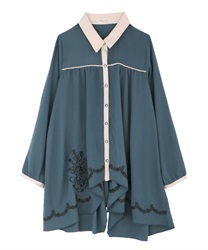 【Time Sale】Embroidery on bottom shirt tunic(Blue-Free)