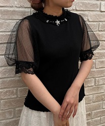 Tulle sleeve  Tops with bijoux(Black-F)