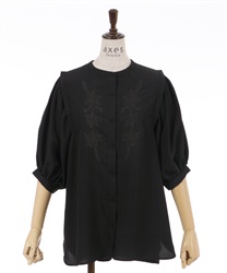 Front embroidery volume sleeve Blouse(Black-F)
