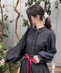 Volume sleeve Blouse with pico lace(Black-F)