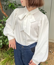 Volume sleeve Blouse with ribbon(White-F)