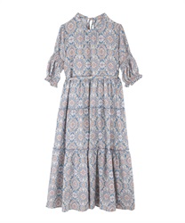Vintage flower pattern dress(Saxe blue-Free)