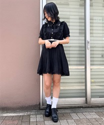 Eraser pleated design mini Dress(Black-F)