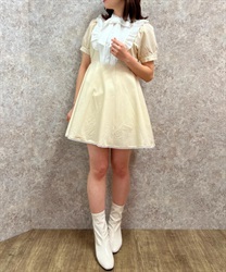 Frill mini Dress with ribbon(Cream-F)
