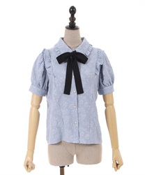 Rose flapping jacquard short sleeve Blouse(Saxe blue-F)