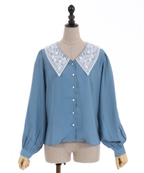 Flower embroidery collar Blouse(Blue-F)