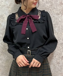 Lace design Blouse with ribbon(Black-F)