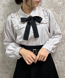 Lace design Blouse with ribbon(Greige-F)