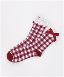 Gingham check pattern socks(Wine-F)