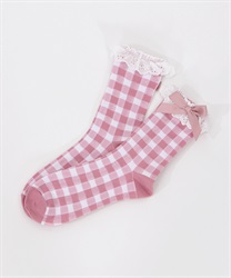 Gingham check pattern socks(Pink-F)