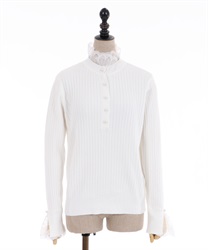 Lacy stand collar knit pullover(White-Free)