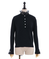 Lacy stand collar knit pullover(Black-Free)