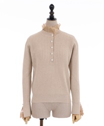 Lacy stand collar knit pullover(Mocha-Free)