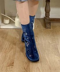 Astronomical motif embroidery velor boots(Navy-S)