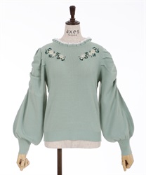 Sweet pea embroidery knit pullover(Green-F)
