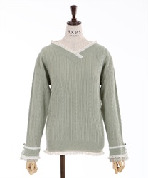 Bicolor v neck knit pullover(Green-F)