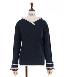 Bicolor v neck knit pullover(Navy-F)