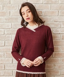 Bicolor V neck knit Pullover(Wine-F)