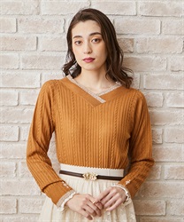 Bicolor V neck knit Pullover(Orange-F)