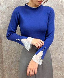 Hometical absorption heat sleeve lace knit Pullover(Blue-F)