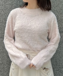 Flower Pearl Lame Feather Knit(Pink-F)