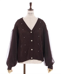Sleeve tulle cable knit Cardigan(Dark brown-F)