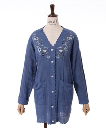 Flower embroidery long knit cardigan(Blue-F)