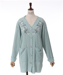 Flower embroidery long knit cardigan(Mint Green-F)