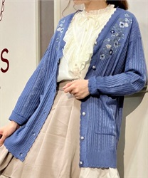 Flower embroidery long knit cardigan