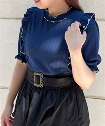 Frilled  Tops with pearls(Navy-F)