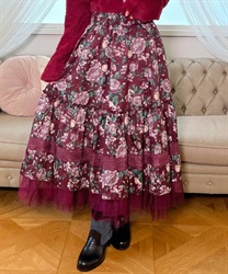 Holy Rose pattern frills Skirt(Wine-F)