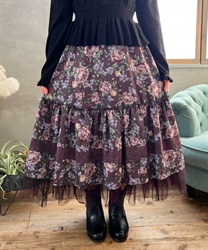 Holy Rose pattern frills Skirt(Dark brown-F)