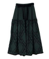 Long flocky printed skirt(Dark green-Free)