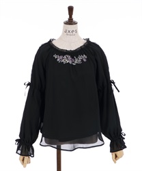 Feather×flower embroidery tops(Black-F)