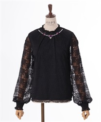 Wrapped rose decoration all lace Pullover(Black-F)