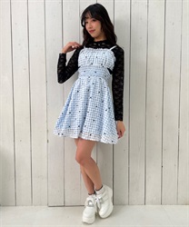 Heart dot embroidery gingham Dress(Saxe blue-F)