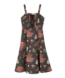 【Time Sale】Basket bouquet pattern jumper skirt(Dark brown-Free)