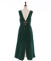 Front pleated jumper skirt(Dark green-Free)