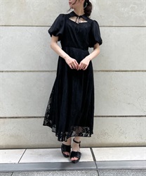 Balloon sleeve lace Dress(Black-F)