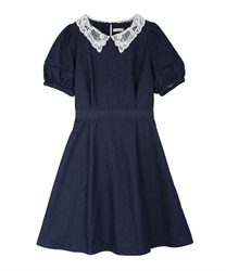 Puff sleeves with lace collar demin dress(Indigo-Free)