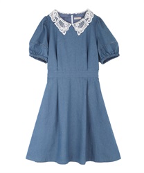 Puff sleeves with lace collar demin dress(Wash-Free)