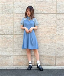 Lace switching cutout Dress(Blue-F)