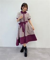 Check -bicolor shirt Dress(Purple-F)
