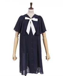 Sheer check cape style Dress(Navy-F)